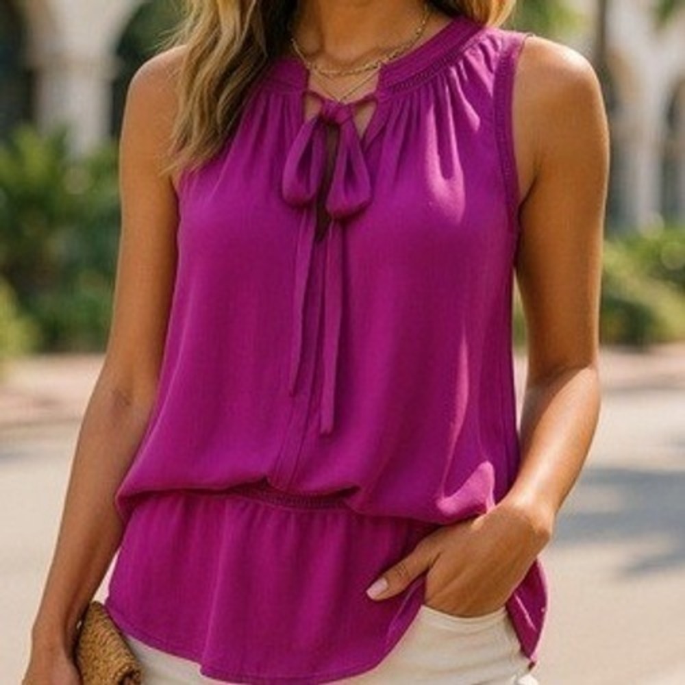 Mossimo Womens Tie Neck Sleeveless Blouse Top S Magenta Work Babydoll Y2K Resort